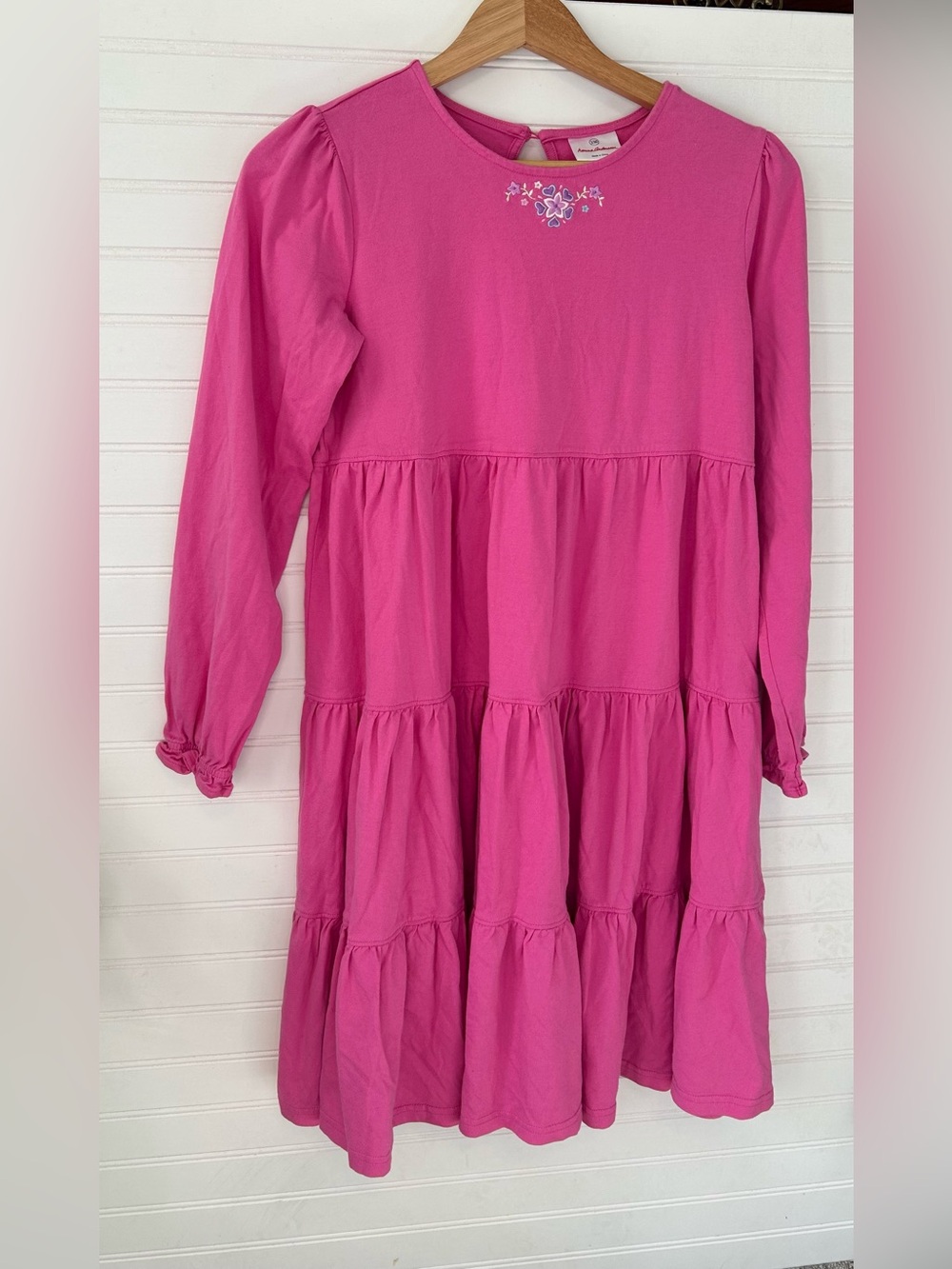 Hanna Andersson Power Pink Long Sleeve Tiered Twirl Dress Crochet Neck 150